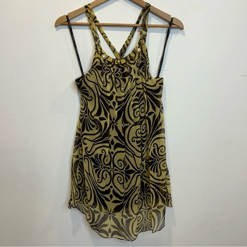 Vintage Bebe Silk Tribal Print Flowy Mini Dress Tan Brown - Picture 1 of 7
